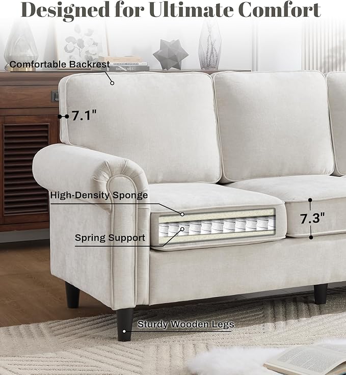 Kingfun 3 Seater Couch with Chair, Mid Century Modern Sofa Set with Rolled Arms and Deep Seats, Fluffy Comfort for Living Room, Apartment, Easy Assembly, Beige