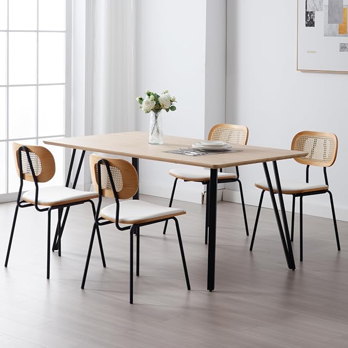 Mid-Century Modern Rattan Cane Back Dining Chairs Set of 2 — PU Leather Upholstered Seat, Black Metal Legs, Kitchen Side Chairs for Kitchen & Dining Room, White