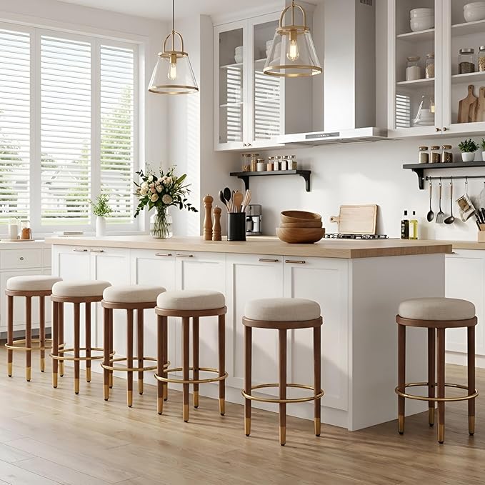 26’’ Rustic Backless Bar Stools with Metal Gold Footrest Counter Height Barstools Set of 6 Modern Round Farmhouse Beige Linen Upholstered Wooden Stools with Natural Solid Wood Legs for Kitchen Island