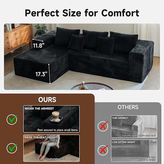 Upgrade 108’’ L Shape Cloud Couch, Plush Corduroy Sectional Sofa with Chaise, Boneless Couches for Living Room Bedroom, No Assembly Required (Black, Left Facing Chaise)