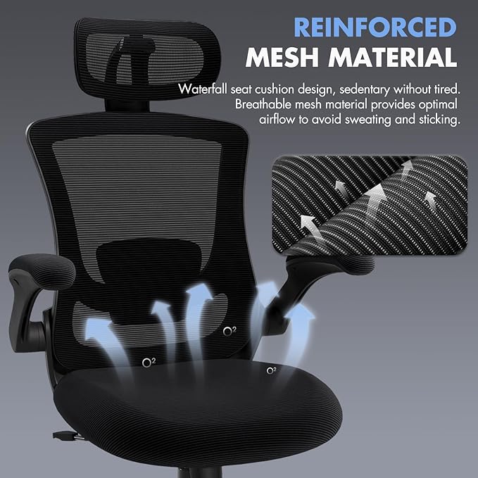 Ergonomic Office Chair with Adjustable Lumbar Support & Headrest – High Back Mesh Desk Chair with Flip-Up Armrests, Swivel Rolling Computer Chair for Home Office, Breathable & BIFMA Certified, Black