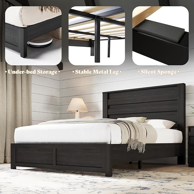 AMERLIFE Farmhouse Full Size Bed Frame with 49" Fluted Headboard, Wood Platform Bed with Natural Grain, No Box Spring Needed/Noise Free, Black