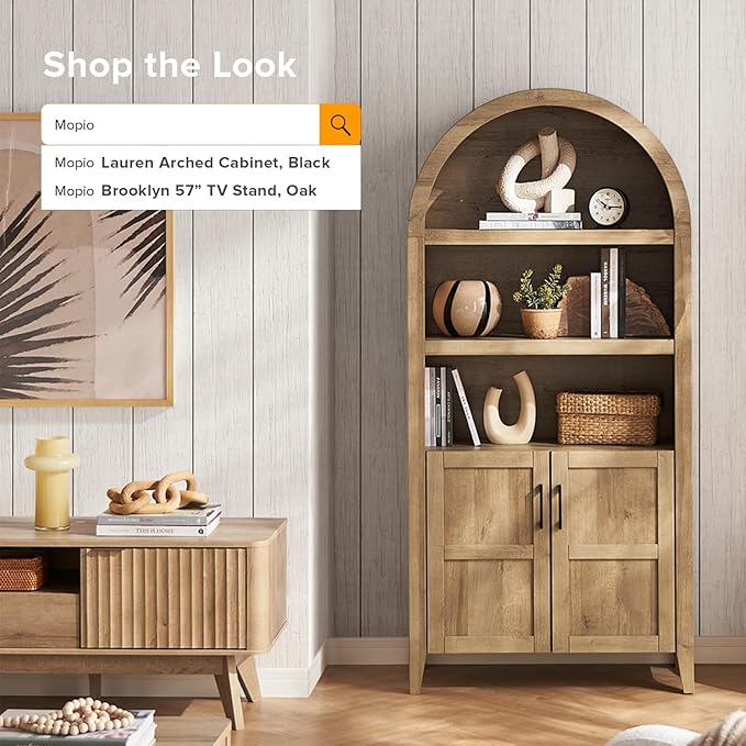 mopio Lauren 77.4" Tall Arched Cabinet, 5-Tier Arched Bookcase with Doors and Adjustable Shelves, Arch Bookshelf with Storage, Wooden Storage Cabinet for Living Room and Kitchen Pantry (Set of 2, Oak)