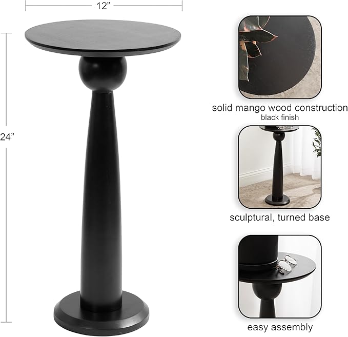 Kate and Laurel Jakob Modern Wooden Round Side Table, 12 x 24, Black, Circle Pedestal Table for Use as Bedroom Nightstand, Indoor Plant Stand, or Decorative Living Room Table