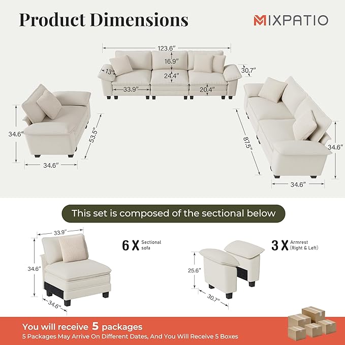 U-Shaped Cloud Modular Sofa Set, Deep Seat 3-Piece 6-Seater Sectional Couch & Removable Arms, Plush Chenille for Living Room - Beige