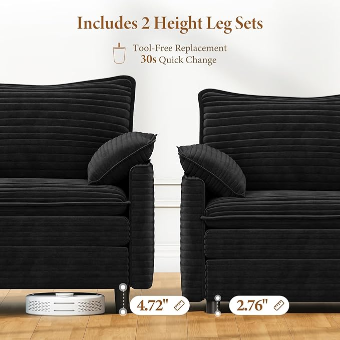 Vesgantti 108" V-Shaped Corner Couch Sectional, 7 Seat Customizable Modular Cloud Couches with Movable Ottoman, Corduroy Deep Seat Sofa Set with Chaise for Living Room, Bedroom and Apartment, Black