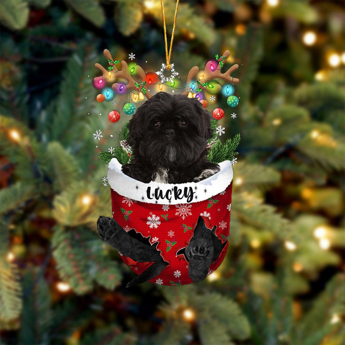 Black Shih Tzu Dog Christmas Ornament, Black Shih Tzu in Snow Pocket Christmas Tree Ornament, Dog Lovers Gift Idea Xmas Decor, Christmas Decorations for Tree, Christmas Ornament Gift for Dog Lovers