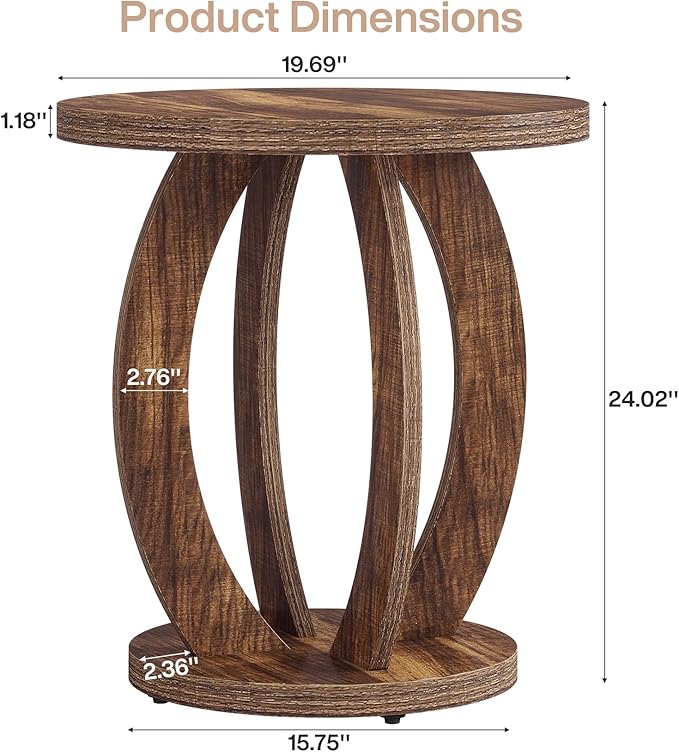 Tribesigns End Table, Round Side Table with Storage, Farmhouse Nightstand Bedside with Round Tabletop, Accent End Table for Living Room Bedroom Small Space, Wooden Accent Furniture (2, Dark Brown)