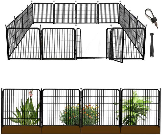 Garden Fences with Gate, 32 in(H)×27 in(L) 16 Panels Total 35.4 Ft(L), Garden Animal Barrier, Fence for Dogs Outside, Heavy Duty Iron Metal Animal Barrier Fence, Flower Bed Fencing