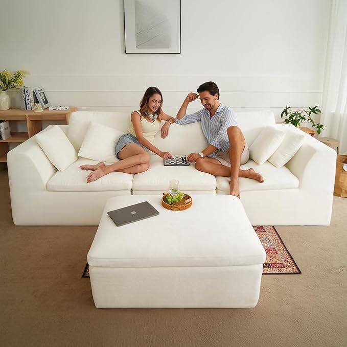 144" Cloud Sectional Couches for Living Room, Convertible U-Shape Couch with Ottoman, 6 Seater Modular Sectional Sofa,Beige Chenille