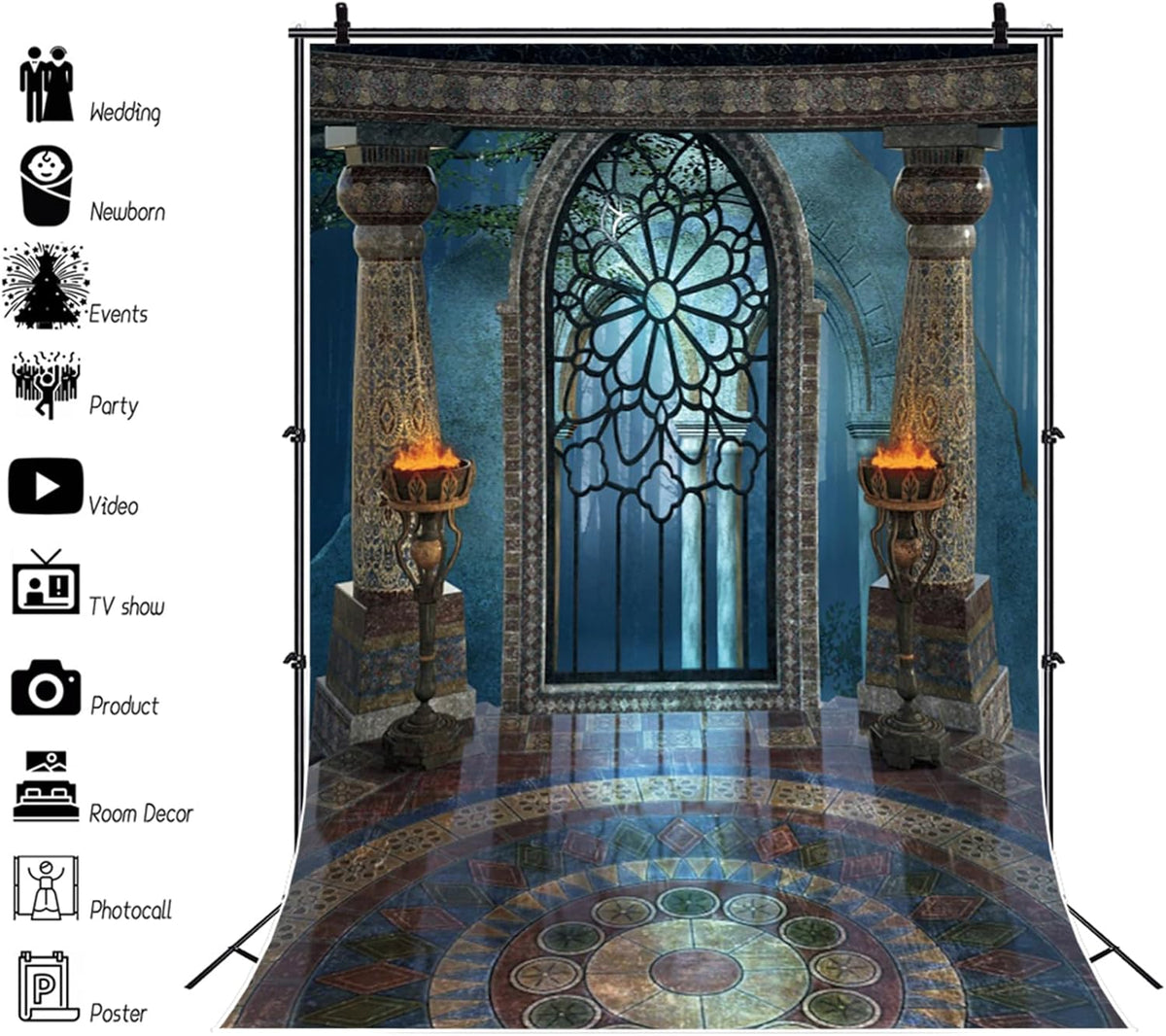 Renaiss 5x7ft Medieval Castle Backdrop for Photoshoot Portrait Pillar Torch Gothic Stone Tower Ancient Old Fortress Interior Photography Background Halloween Party Decor Wallpaper Photo Studio Props
