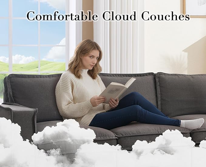 EALSON 93" Modular Sectional Sofa Comfy Cloud Couch with Ottoman Modern Convertible L Shape Couches with Wooden Legs Linen Deep Seat Couch 4-Seater Sofa for Living Room/Apartment, Grey