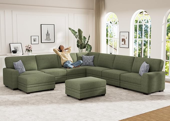 Wanderwell Oversized Modular Sectional Sofa, 6-Seater U Shaped Couches with Movable Ottoman,Corduroy Sectional Couch with Wide and Deep Seats Suitable for Living Room,Bedroom,Apartment (Olive, U-9)