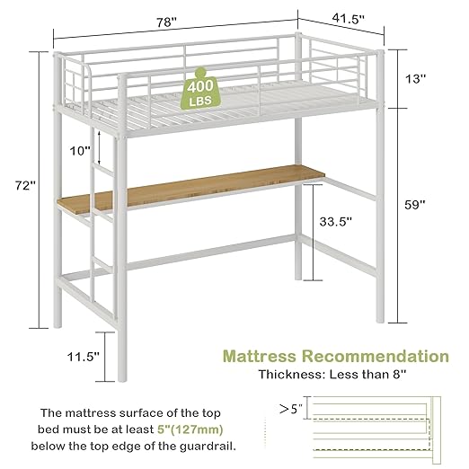 VECELO Metal Loft Bed Twin Size with Desk, Heavy Duty Bedframe with Removable Ladder and Safety Guardrail, Space-Saving, Noise Free, No Box Spring Needed, Off White