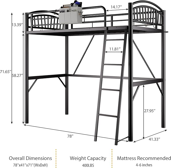 Metal Loft Bed Twin Size, Twin Loft Bed with Bedside Caddy, Convertible Ladder & Full-Length Guardrails, Space-Saving & Noise Free Design, No Box Spring Needed, Loftbed Frame for Teens Adults