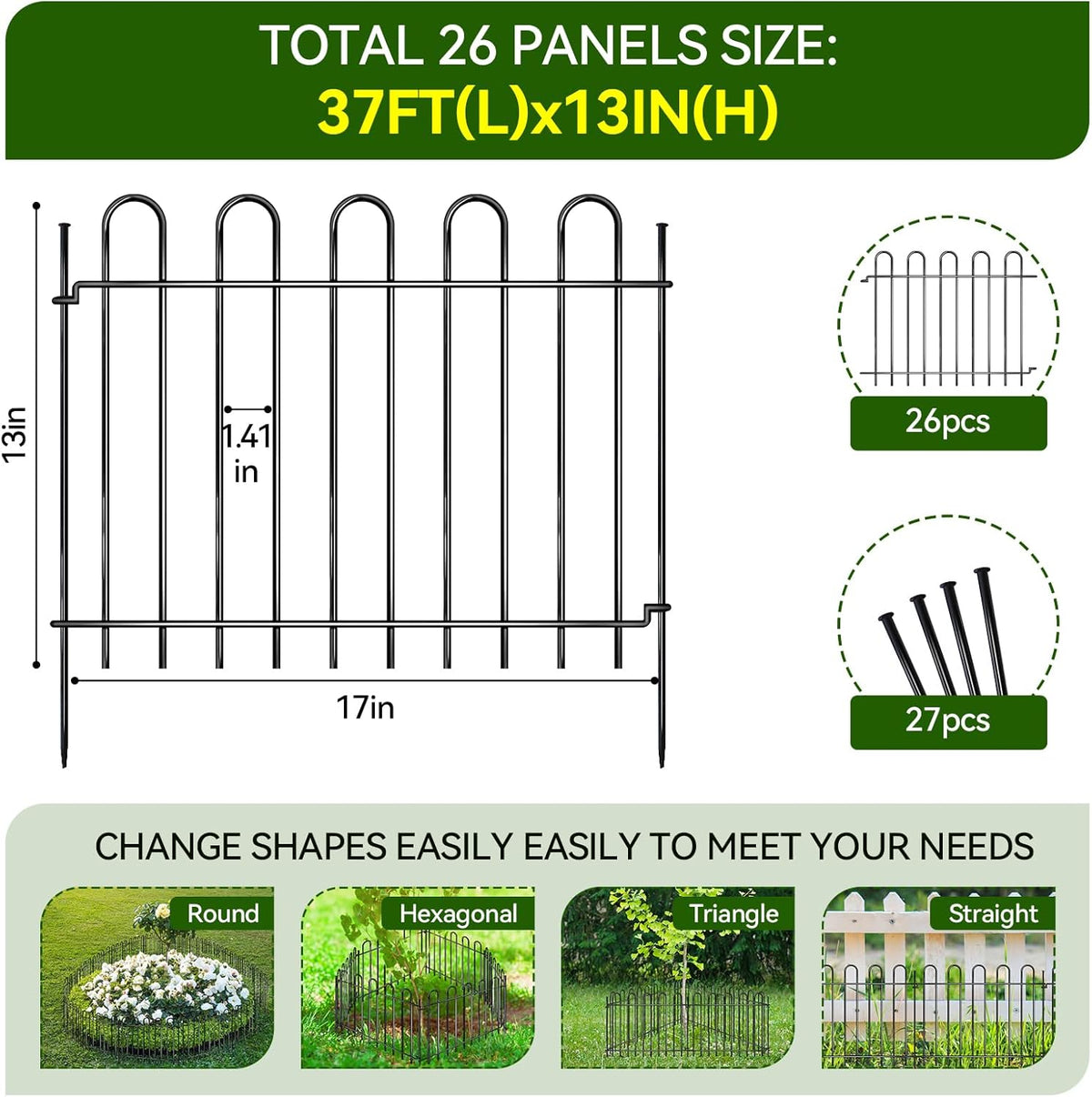 26 Panels Decorative Garden Fence, 37ft X 20in Rustproof Metal Animal Barrier Fence, No Dig Fence Garden Fence, Arched Flower Bed Edging Ornamental Wire Border Fencing for Outdoor Yard, Patio Decor