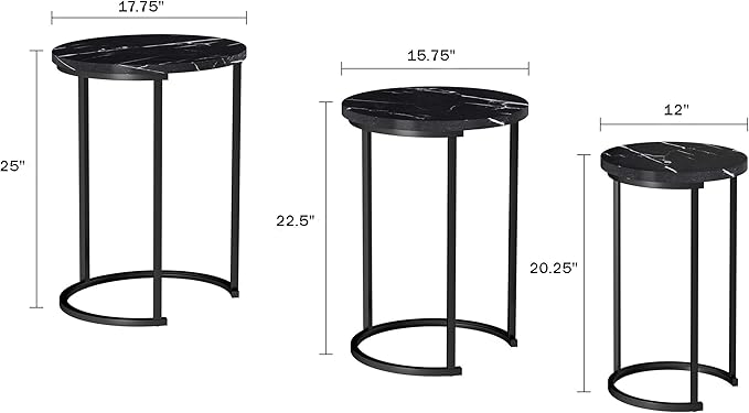 Lavish Home 6-Piece Nesting Table Set – Round Faux Marble Side & End Tables – Modern Space-Saving Accent Furniture for Living Room, Bedroom, Apartment, or Home Office (Black)