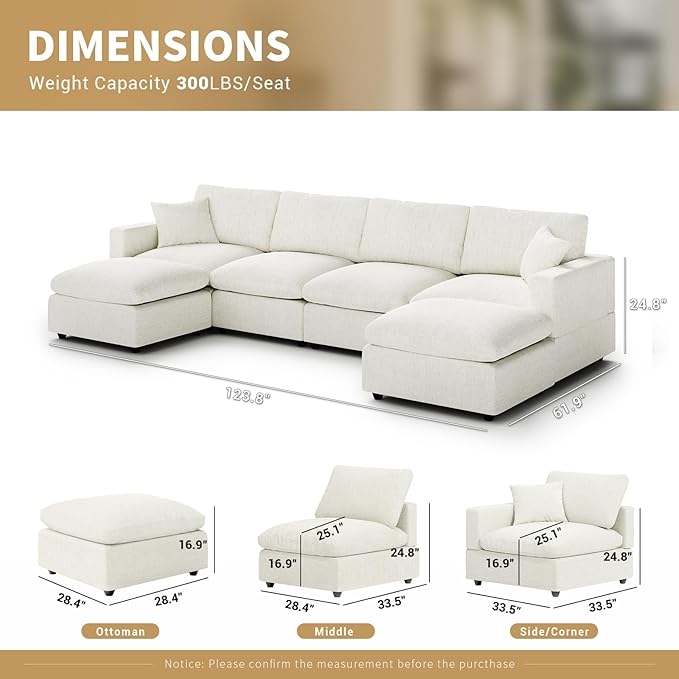 Modern Sectional Linen Couch for Living Room U-Shape Sofas,6 Seat Modular Cloud Sofas,Couches Cushion Covers Removable,Cozy Feather Down Sofa for Apartment Cream White