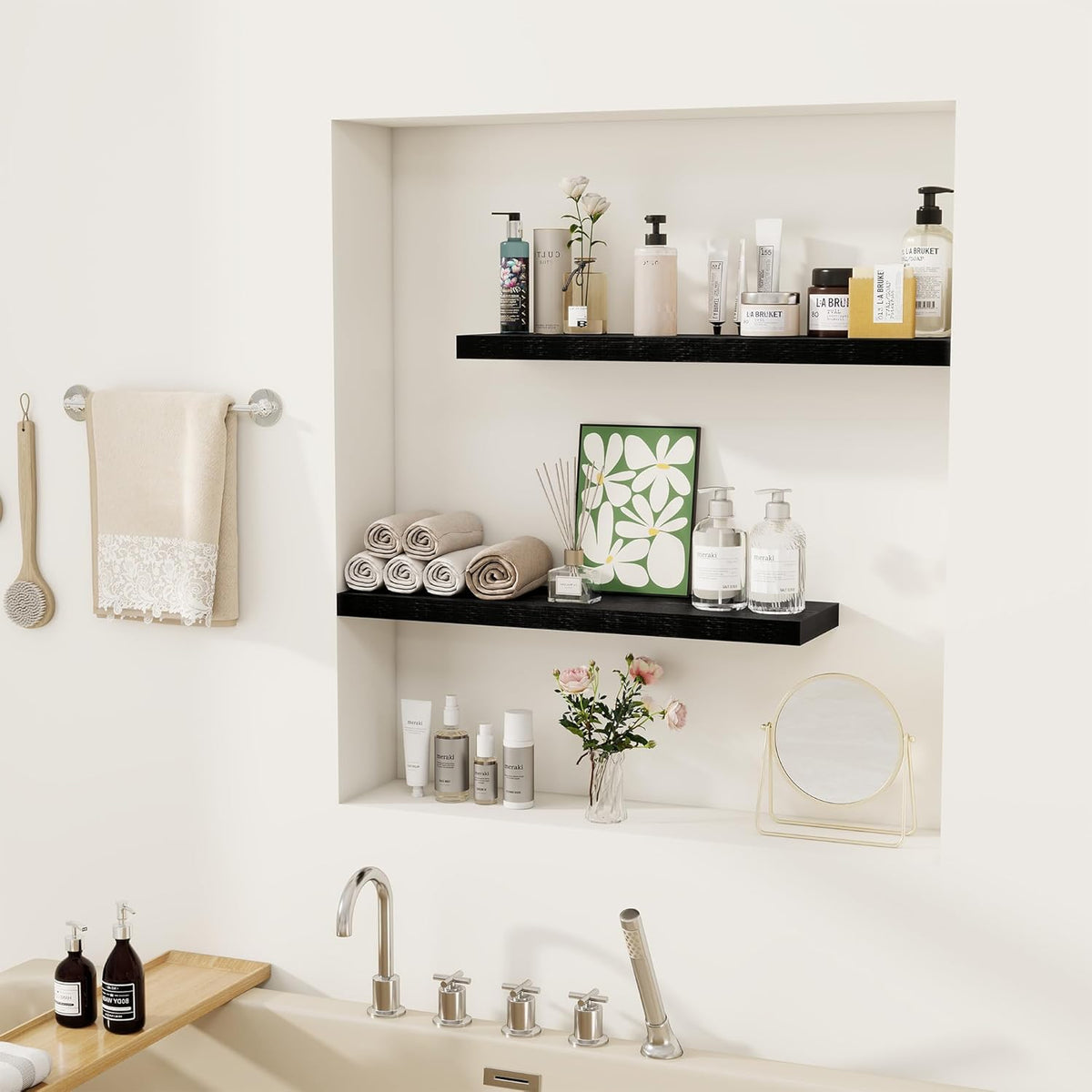 Fun Memories Floating Shelves for Wall, 24" Rustic Wood Deep Wall Mounted Shelves with Invisible Brackets for Decor & Storage, Floating Shelf for Living Room, Bathroom (Black, Set of 2)
