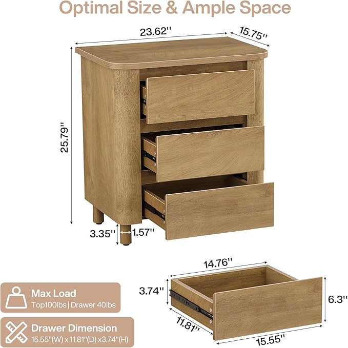 Tribesigns Modern Side Table with 3 Drawers for Living Room, 23.62" Wide Farmhouse End Table for Couch Sofa, Rustic Brown