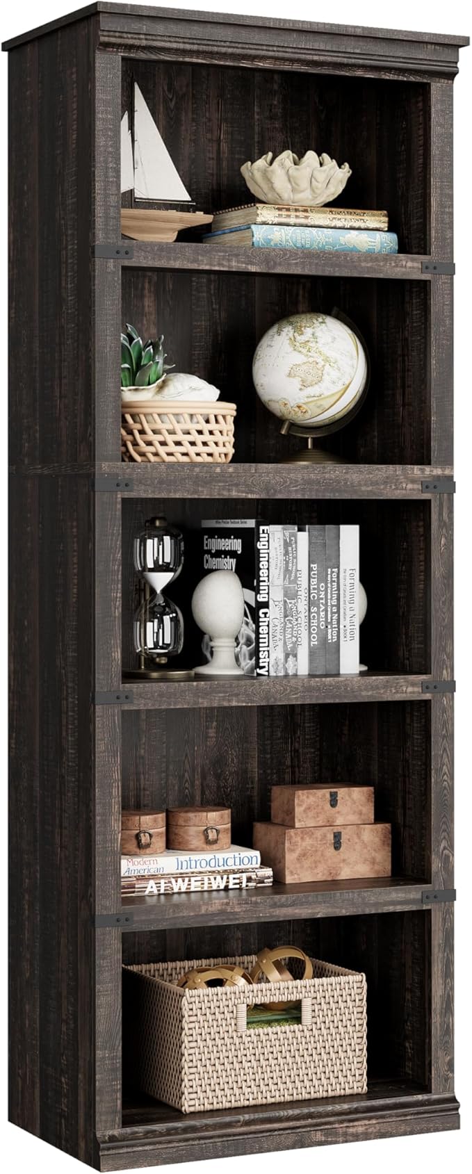 IDEALHOUSE 5 Tier Bookcase, Farmhouse Book Shelf with Storage, Tall Book Case Wooden 5 Shelf Bookcase for Home Office, Living Room, Bed Room(Oak, 67.4" H x 24.6" W x 12.8" D)
