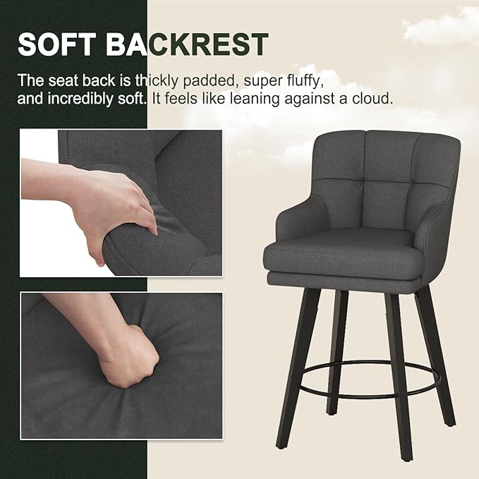 360°Swivel Counter Height Bar Stools with Back, 26 inch Solid Wood Legs, Bar Stool Modern Kitchen Island Chairs, Fabric (Black Grey- Fabric, 26" H- Set of 6)