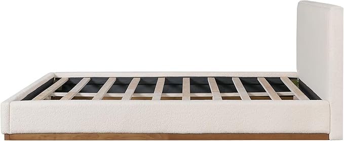 Christopher Knight Home Bettine Boucle Queen Size Bed, Boucle Headboard and Footboard, Rectangular Queen Size Headboard, Slat Panel Support Platform Bed, No Spring Box Needed, Easy Assembly, White