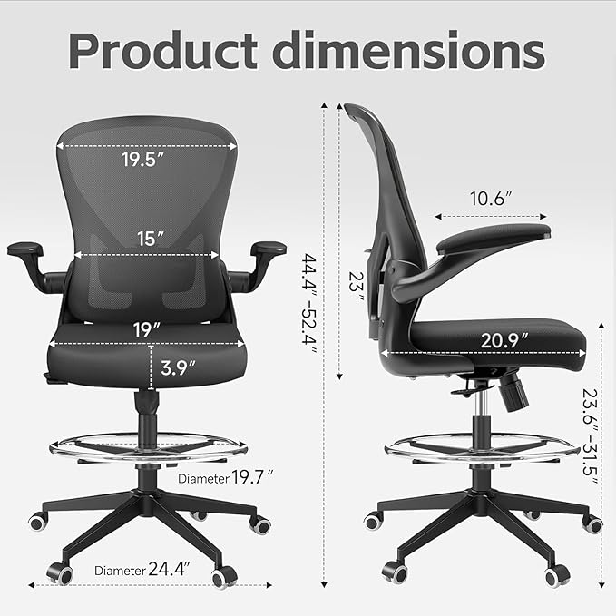 Drafting Chair, Ergonomic Tall Office Chairs for Standing Desk, Home Office Desk Chair with Lumbar Support and Adjustable Flip-up Armrests & footrest (06H-Black)