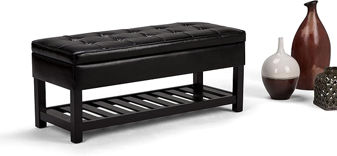 SIMPLIHOME Cosmopolitan Storage Ottoman Bench - 44 inch Wide Upholstered Vegan Leather Rectangle Storage Ottoman in Midnight Black, Transitional Bench for Bedroom with Tufted Lift-Top and Open Shelf