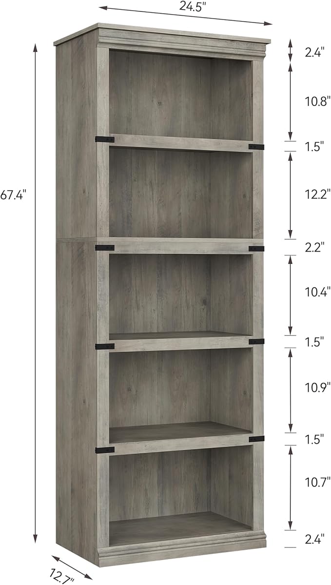 IDEALHOUSE 5 Tier Bookcase, Farmhouse Book Shelf with Storage, Tall Book Case Wooden 5 Shelf Bookcase for Home Office, Living Room, Bed Room (Grey, 67.4" H x 24.6" W x 12.8" D)