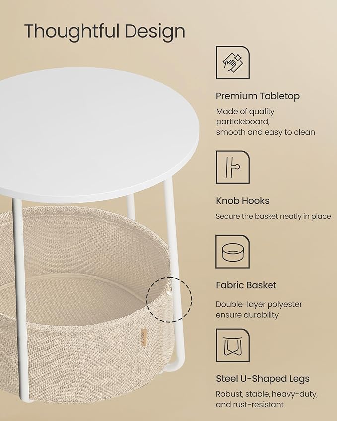 VASAGLE LILEA Collection - Small Round Side End Table, Modern Nightstand with Fabric Basket, for Living Room, Bedroom, Set of 2, Matte White and Camel Brown ULET225WG01S