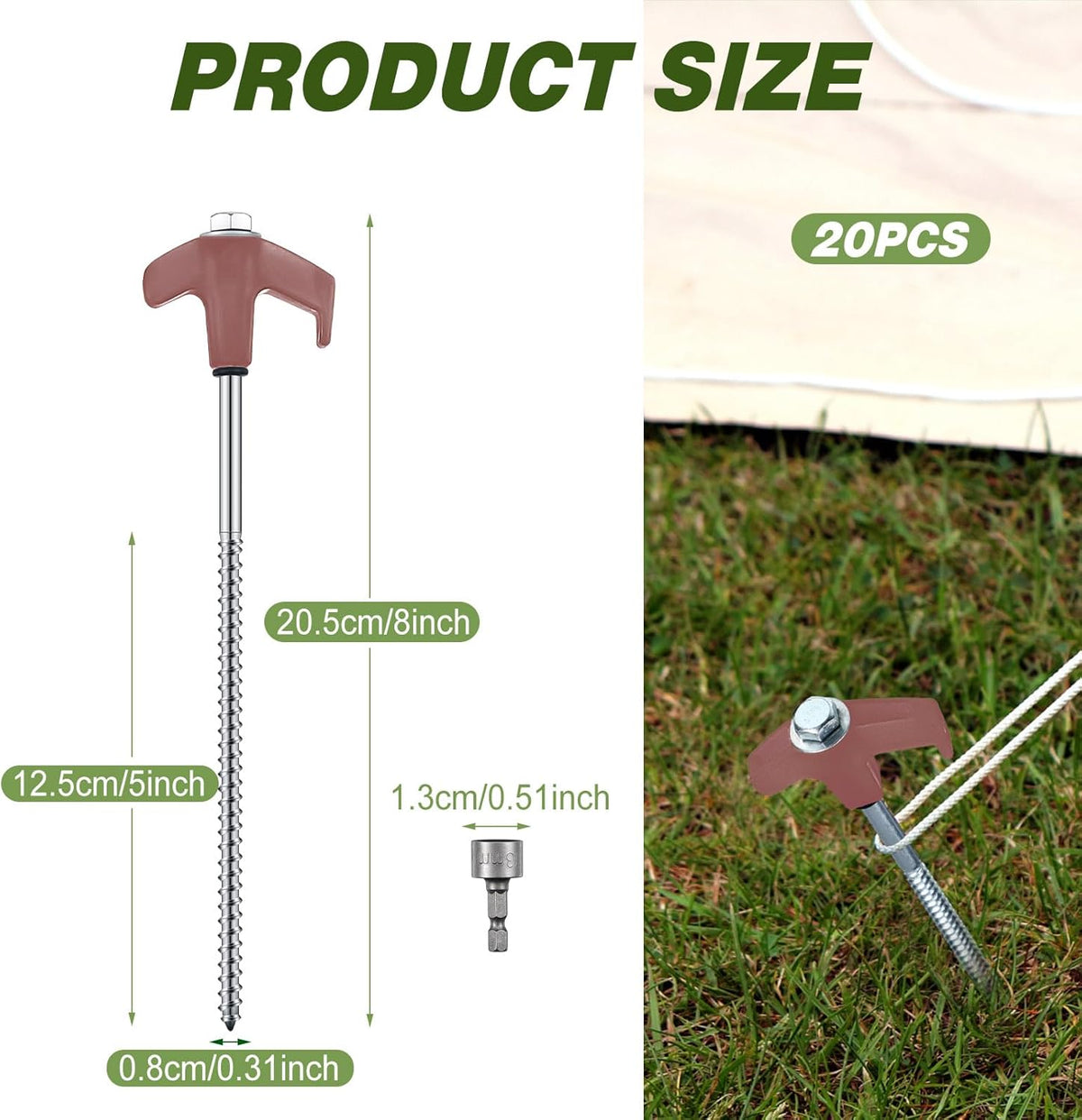 Hicarer 20 Pcs 20 Pcs 8'' Screw in Tent Stakes Heavy Duty Ground Metal Stakes for Inflatables with Hex Head Driver for Outdoor Camping Tent Inflatable Garden Decor (Brown)