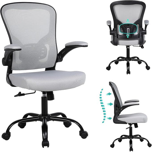 Flysky Ergonomic Office Chair, Mesh Home Office Desk Chair with Flip-up Arms and Lumbar Support, Height Adjustable, Swivel, Gray