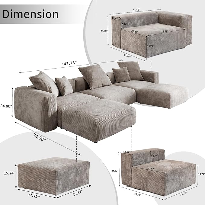 WJShome Cloud Couch Modular Sectional Sofa,141.73" U Shaped Sofa with 2 Ottomans,Brown Corduroy Couch 5 Seater,Convertible Sectional Sofa for Living Room,Cushion Covers Removable& Washable
