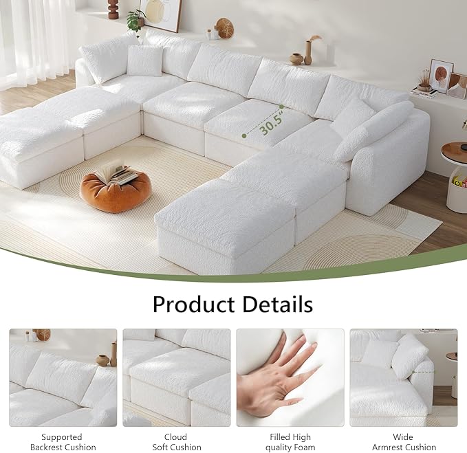 138" Boneless Cloud Couch Modular Sectional Sofa with Deep Seat for Living Room, L Shape Couch with Ottoman, Snowflake Cloth and 40D Memory Sponge，2 Throw Pillows (White, 4 Seater+4 Ottoman)