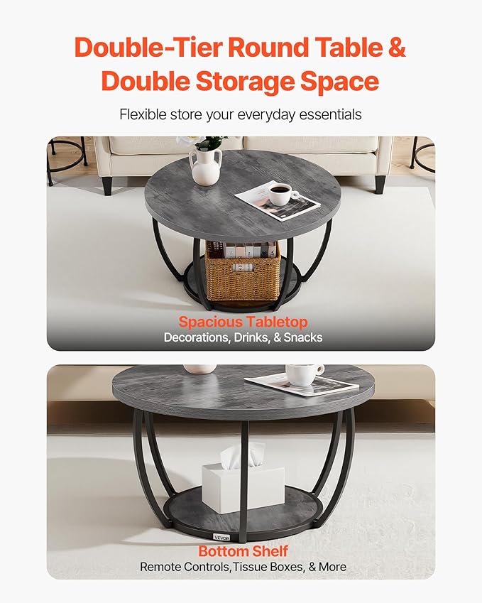 VEVOR Coffee Table, Modern Round Coffee Table, 2 Tiers Wooden Circle Center Desk with Open Storage, Minimalist Sturdy Metal Frame Accent End Desk for Living Room, Office, Easy Assembly, Grey