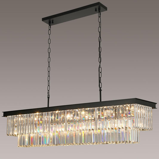 Crystal Chandeliers for Dining Room Light Fixtures Over Table，18-Lights Black Modern Rectangle Chandeliers for Kitchen Island Bar L46 Inch