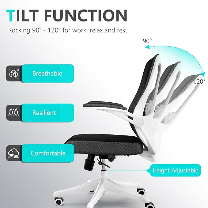 Office Chair,Ergonomic Comfy Home Desk Chair with 350LBS Capacity,High Back Gaming Chair with Wheels,Mesh Computer Chair,Lumbar Support, Adjustable Headrest,Flip-up Armrest (04Black)
