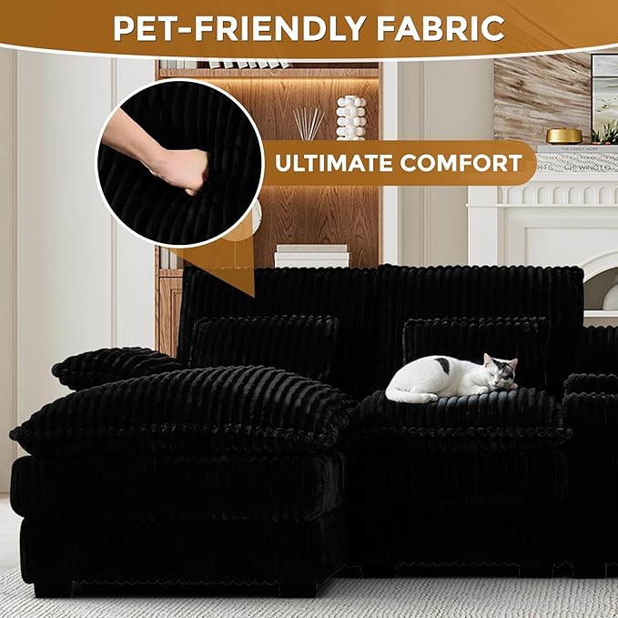 HYJT-H&K 124" U Shaped Cloud Couch Sectional, Comfy Fluffy Plush Corduroy Dark Black Sectional Couches for Living Room, Modern Modular Corduroy Couch Sectionals with Central Console & Double Chaise