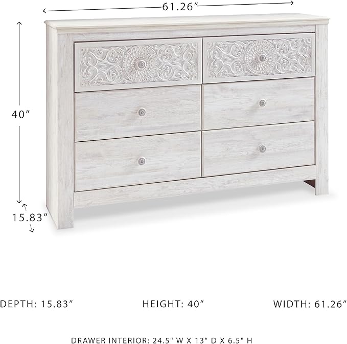 Signature Design by Ashley Paxberry Boho 6 Drawer Dresser, Smooth-gliding Faux Laminate Lined Drawers, Wood, 61.26" W x 15.83" D x 40" H, Whitewash