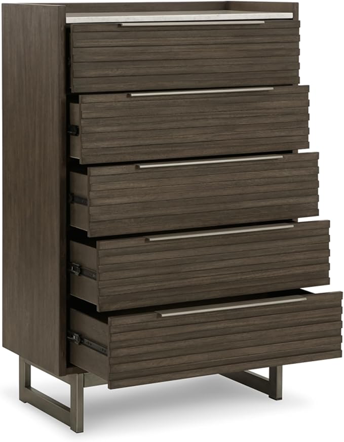 Signature Design by Ashley Arkenton Modern 5-Drawer Chest of Drawers with Safety Stop, Soft Close and Felt Lined, Gray & White