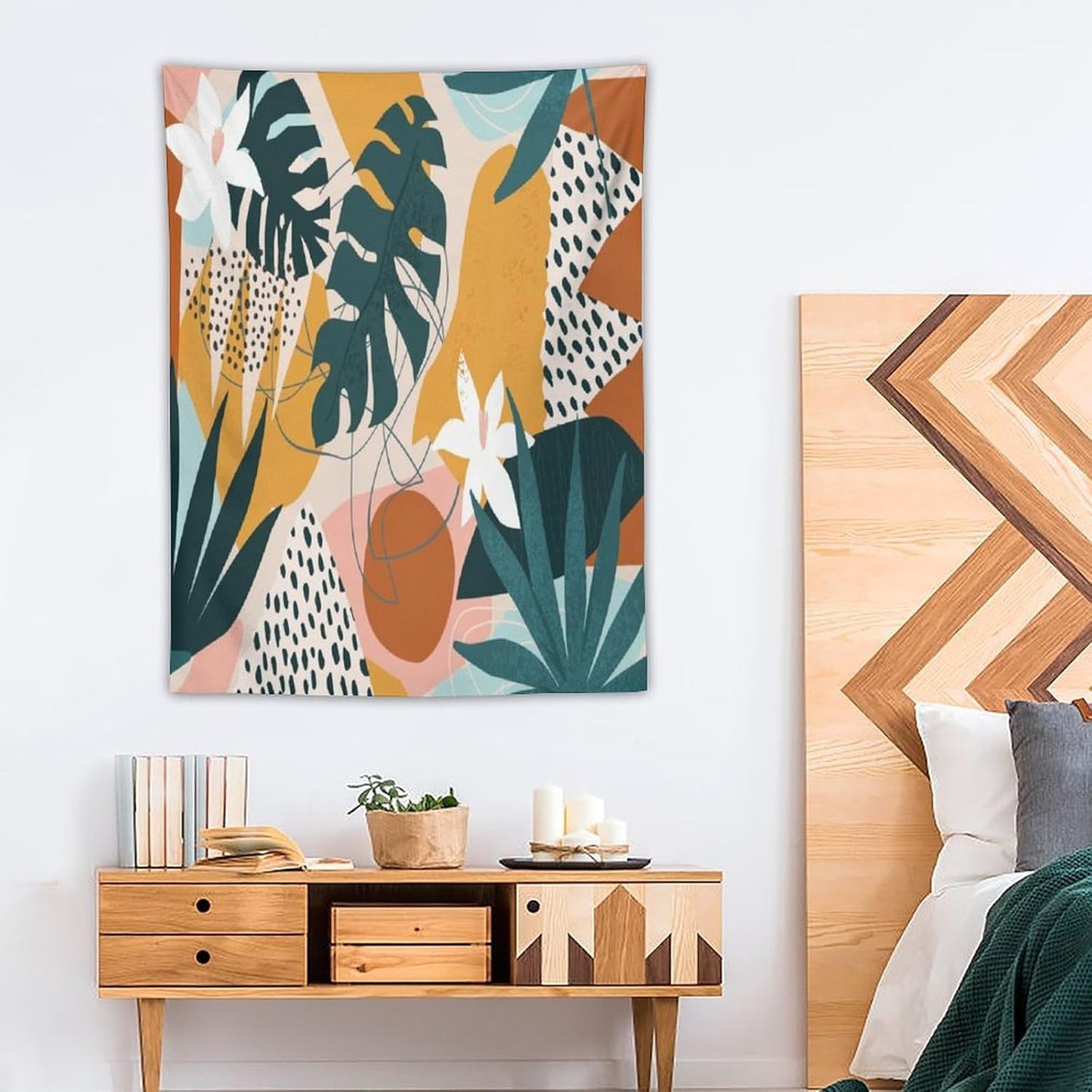 Abstract Bohemian Mid Century Tapestry, Tropical Leaves Modern Geometric Archway Minimalist Bohemian Botanical Aesthetic Wall Hanging, Sage Green Gold Home Decor Art for Bedroom 30x40 Inch