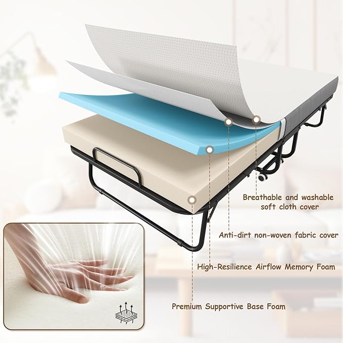 75" x 31" Folding Bed with Mattress for Adults, Portable Foldable Single Beds with Memory Foam Mattress & Super Strong Frame, Convenient Roll Away Guest Bed for Storage