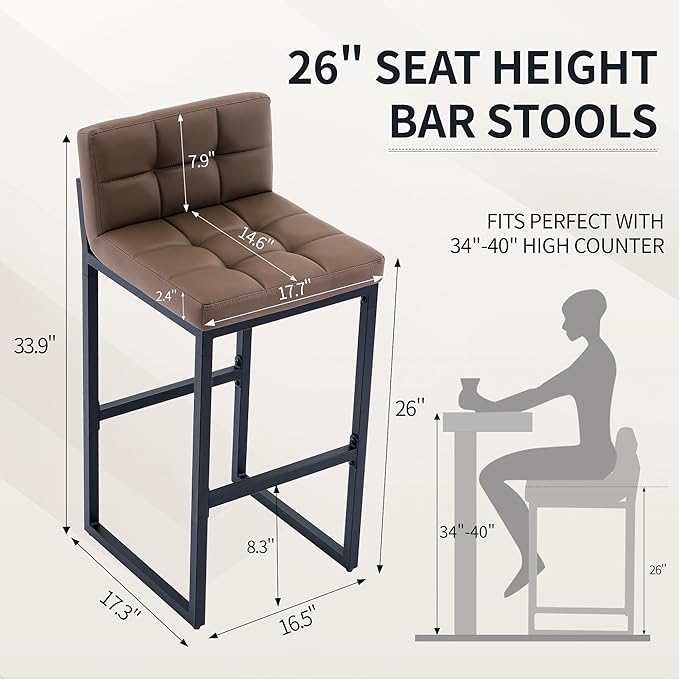 Counter Height Bar Stools Set of 4, Upholstered Barstools with Back, Bar Chairs with Thickened Metal Legs, PU Leather Counter Stools for Kitchen Island (Coffee Brown, 4Pcs 26" Bar Stools)