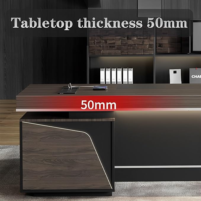 Modern Large Desk, Modern L-shaped Desk With Side Cabinets, Executive Desk With Combination Lock Drawer, Business Furniture Desk With Simple Cable Management (chair Not Included)(63x29.5x118inch)