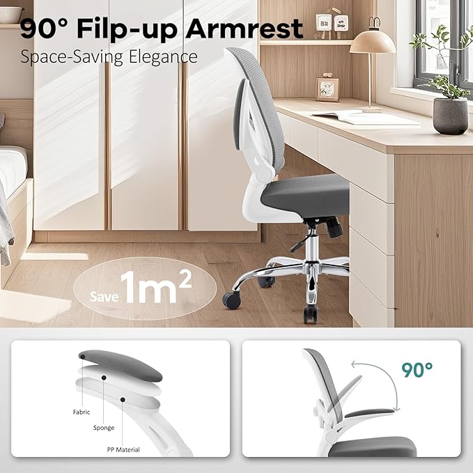 Office Chair,Ergonomic Mesh Desk Chair with Adjustable Lumbar Support,Computer Chair with Flip-up Armrests, Rolling Executive Chairs, Home Office Chair(Grey)