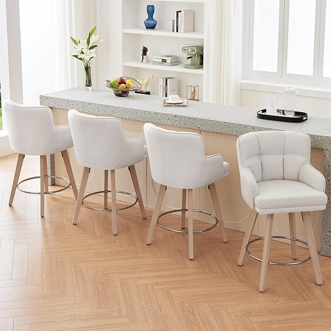 360°Swivel Counter Height Bar Stools with Back, 26 inch Solid Wood Legs, Bar Stool Modern Kitchen Island Chairs, Fabric (Beige- Fabric, 26" H- Set of 1)