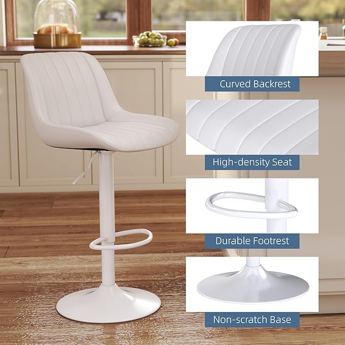 Youhauchair Bar Stools Set of 4, Swivel Counter Height Barstools with Back, Adjustable PU Leather Bar Chairs, Modern Armless Kitchen Island Stool, White