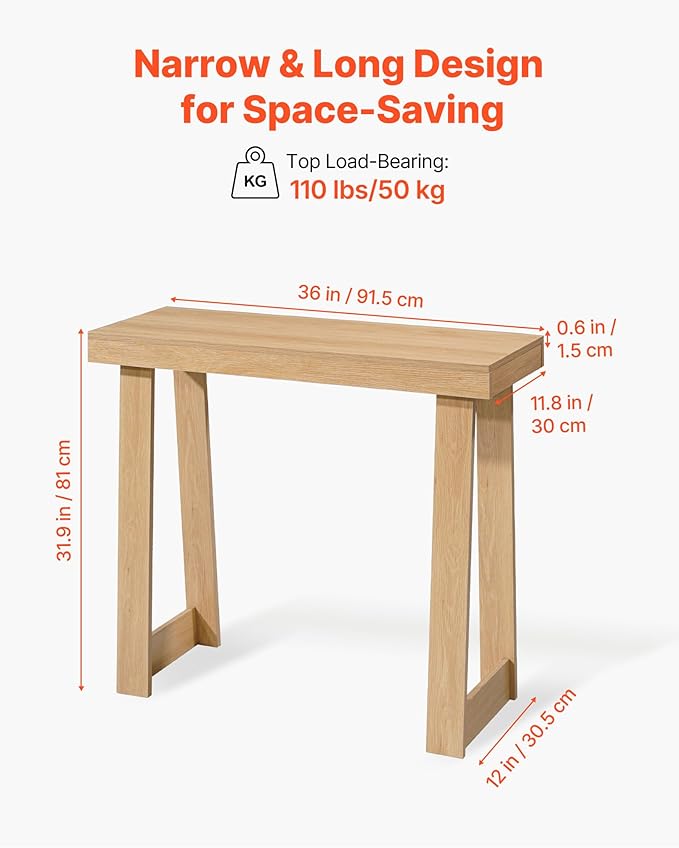VEVOR 36 in Console Table, Modern Desk Behind The Couch, Wooden Rectangle Entrance Desk, Narrow Long Sofa Table Accent Stand, Ideal for Hallway, Bedroom, Living Room, Foyer, Easy Assembly, Natural