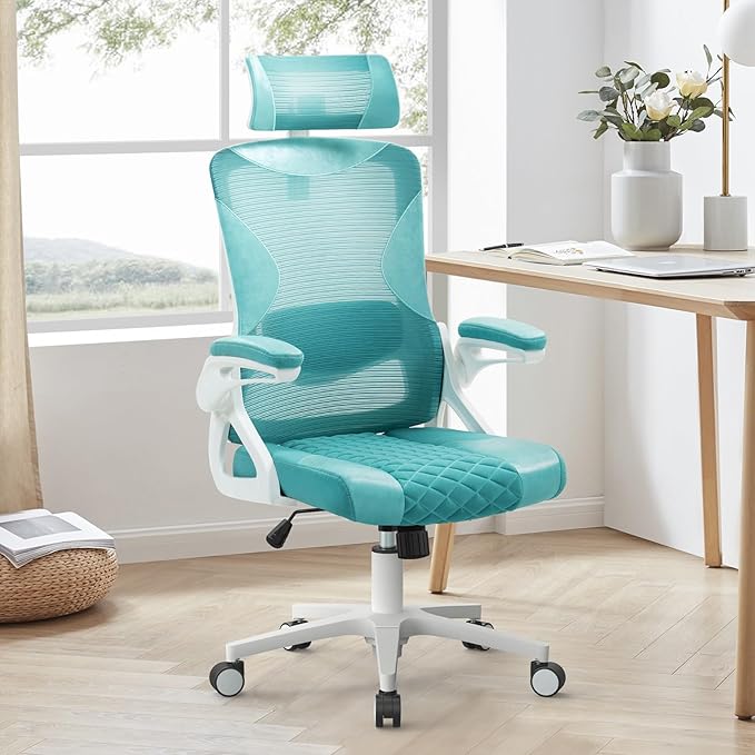 SEATZONE Ergonomic Office Chair,High Back Mesh Office Chair with Adjustable Headrest and Lumbar Support,Swivel Rolling Computer Chair Cute Desk Chair with Wheels,Blue